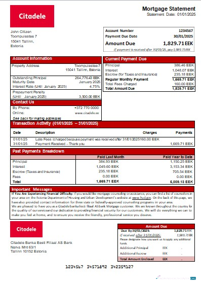 Download Estonia Citadele banka Eesti filiaal AS bank mortgage statement scr Photoshop template